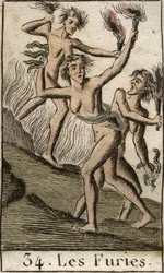 Représentation des Furies, Tisiphone, Mégère et Alecton, divinités persécutrices, représentées comme des femmes décharnées. De « Mythologie de la jeunesse » par Pierre Blanchard 1803.