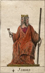 Représentation de Janus, divinité des commencements et des passages, représenté avec deux visages (Janus, ou Ianus, est le dieu des portails, des portes, des commencements et des fins, représenté avec deux visages et une clé). Tiré de «Mythologie de la