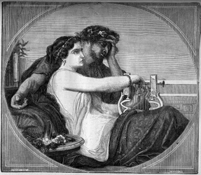 Représentation de Lesbie (Lesbia) et Catulle (87 - 54 av. J.-C.) poète latin : le poète a dédié de nombreux poèmes à la jeune prostituée dont il était amoureux. Gravure dans « L