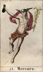 Représentation de Mercure, dieu du commerce, des voyages et messager des autres dieux. Il tient un caducée et porte un pétase. Extrait de «Mythologie de la jeunesse» de Pierre Bla