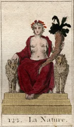Représentation de la Nature comme une femme sur un trône avec une corne d