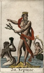 Représentation de Neptune, dieu des mers, tenant un trident. De « Mythologie de la jeunesse » par Pierre Blanchard 1803.