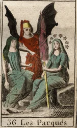Représentation des Parques, Clotho, Lachésis et Atropos, divinités du destin humain, de la naissance à la mort, sous les traits de très vieilles femmes filant. (Parques, Clotho, Lachésis et Atropos, personnifications du destin humain, représentées comme
