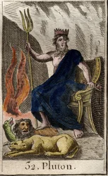 Représentation de Pluton, dieu des Enfers, avec à ses pieds Cerbère, chien à trois têtes et gardien des Enfers. (Pluton, dieu de l