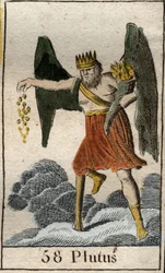 Représentation de Plutus (Ploutos), dieu de la richesse : Il est couronné et aveugle et jette des cadeaux au hasard. Tiré de « Mythologie de la jeunesse » de Pierre Blanchard, 1803.