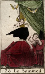 Représentation du Sommeil, reposant éternellement dans un palais, près des ailes des rêves. De « Mythologie de la jeunesse » par Pierre Blanchard 1803.