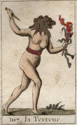 Représentation de la Terreur, comme une femme avec une tête de lion, tenant un couteau et des serpents. De « Mythologie de la jeunesse » par Pierre Blanchard 1803.