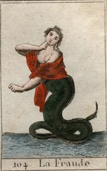 Représentation de la tricherie (malhonnêteté), comme un serpent dangereux avec une tête de femme souriante. De « Mythologie de la Jeunesse » par Pierre Blanchard 1803