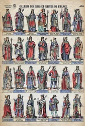 Représentation des rois et reines de France de la dynastie des Capétiens (de Louis VII à Charles VIII). Illustration fin XIXe siècle