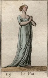 Représentation de la Foi, femme vêtue de blanc avec les mains jointes. De « Mythologie de la jeunesse » par Pierre Blanchard 1803