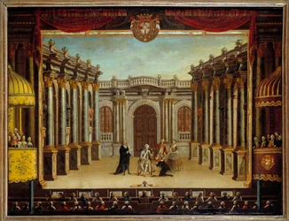 Représentation du "Malade Imaginaire" de Jean Baptiste Poquelin dit Molière (1622-1673) au Théâtre de Minorque, Espagne ; vue de la scène
