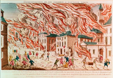Représentation du terrible incendie de New York en 1776 (gravure en couleurs)