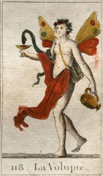 Représentation de la Volupté, femme nue couronnée de roses, elle tient une coupe où un serpent boit un nectar délicieux. De "Mythologie de la jeunesse" par Pierre Blanchard 1803.