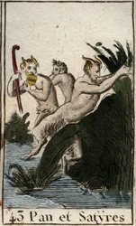 Représentation du dieu champêtre Pan et des satyres. Il a des cuisses poilues, des pieds de chèvre, et joue de la flûte (Syrinx). De "Mythologie de la jeunesse" par Pierre Blanchard 1803.