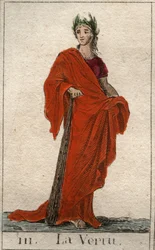 Représentation du dieu de la Vertu, une jeune femme au visage candide. De « Mythologie de la jeunesse » par Pierre Blanchard 1803.