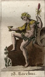 Représentation du dieu du vin et des récoltes Bacchus, tenant une coupe dans sa main. De « Mythologie de la jeunesse » par Pierre Blanchard 1803