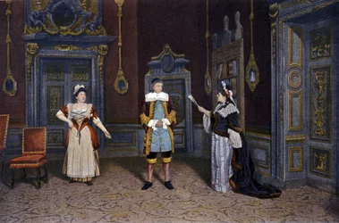 Représentation de la pièce "Les femmes savantes" de Jean Baptiste Poquelin dit Molière (1622-1673) à la Comédie française vers 1885-1890. De gauche à droite : Mme Rachel Boyer, M. Leloir, Mme Blanche Pierson