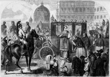 Retour du pape Pie IX (1792-1878) à Rome. Gravure dans « Le Monde Illustré » n°65 du 26 juin 1858.