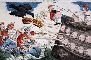 Des révolutionnaires guidés par Marianne bombardent les souverains européens avec leur merde. Caricature publiée pendant la période de la Révolution française. Eau-forte. 1792. Musée Carnavalet