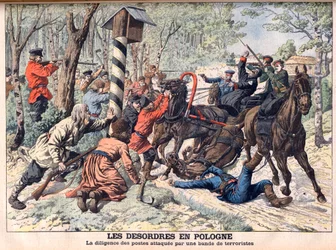 Révolutionnaire en Pologne - Terroristes attaquant une diligence en Pologne. Illustration pour Le Petit Journal.