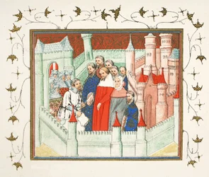 Richard II au château de Flint où il fut livré prisonnier à Bolingbroke, son rival pour le trône, copie fac-similé de Le Prinse et Mort du Roy Richart par Jean Creton, réimprimé au 19ème siècle (couleur)