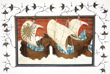 Richard II et sa flotte débarquant à Milford Haven, copie fac-similé de Le Prinse et Mort du Roy Richart par Jean Creton, réimprimé au 19ème siècle