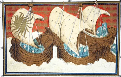 Richard II et sa flotte débarquant à Milford Haven, copie fac-similé de Le Prinse et Mort du Roy Richart par Jean Creton, réimprimé au 19ème siècle