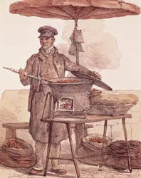 Marchand de châtaignes grillées, gravure, France