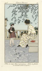 Robe de crêpe blanc à pois jaunes - robe de fillette en écossais cerise et vert, de Costumes Parisiens, publié en 1913