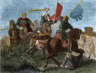 Robert Ier de France (865-923), couronné Roi des Francs en 922, tué par un soldat de Charles III : Gravure dans « Histoire de France populaire » par Henri Martin. XIXe siècle.
