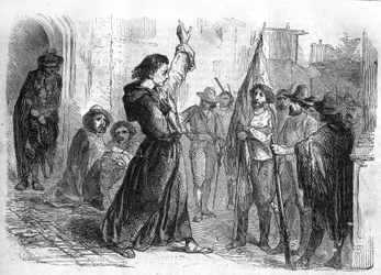 Roman-feuilleton : "Mémoires de Joseph Garibaldi" par Alexandre Dumas (1802-1870). Ugo Bassi (1800-1849) haranguant la foule pour encourager la population à participer au Risorgimento en 1848. Gravure dans "Les bons romans"