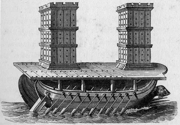 Navire romain à tours. Gravure dans "La Marine et les colonies: commerce"