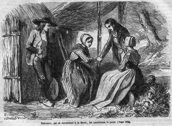 Roman-feuilleton : « Les Maîtres Sonneurs » de George Sand (Aurore Dupin, Baronne Dudevant) (1804-1876). Therence prend le poulet. Gravure dans « Les bons romans »