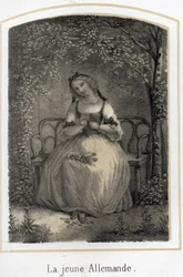 Romantisme : une jeune Allemande assise sur un banc effeuillant une marguerite en pensant à son amant. Gravure anonyme du 19ème siècle