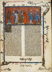 Royal 16 G. VI, f.3 Le couronnement de Pharamond, illustration tirée des « Chroniques de France », vers 1332