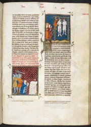 Royal MS 16 G. VI, f.306r, Meurtre de Charles, comte de Flandre pendu (Louis VI, livre 20), des Grandes Chroniques de France
