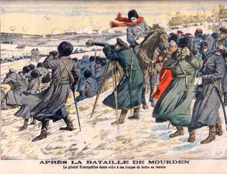 Guerre russo-japonaise - Après la bataille de Moukden Le commandant russe, le général Kouropatkine, ordonnant la retraite de son armée. Guerre russo-japonaise (1904-1905) - Après la bataille de Moukden. Le général Kouropatkine ordonne à ses troupes de batt