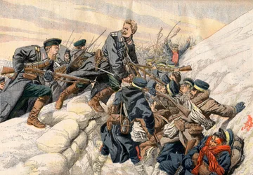 Guerre russo-japonaise - Combats dans les tranchées à Port Arthur. Mort héroïque du lieutenant russe Alexandre. Illustration pour Le Petit Journal.