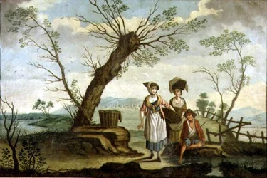 Paysage rustique avec lavandières et paysan