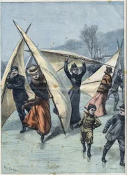 Patinage à voile au Canada : distraction des Canadiens sur des patins à glace et des voiles sur une patinoire, dans « Le Petit Parisien ».