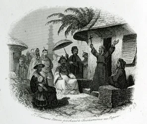 Saint François Xavier prêchant le christianisme au Japon. Gravure pour illustrer Histoire et Description du Japon par le Père de Charlevoix, A.Mame et Compagnie éditeurs, Tours