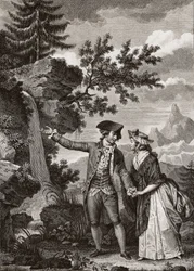 Saint Preux et Julie gravure de 1793 pour « Julie ou la nouvelle Héloïse » par le philosophe suisse Jean-Jacques Rousseau (1712-1778) - Julie et Saint-Preux, illustration de « La Nouvelle Héloïse » par Jean-Jacques Rousseau (1712-78) (gravure)