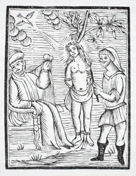 Sainte Reine est torturée, sa peau déchirée par des peignes de fer, sur l