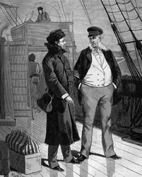 Samuel Finley Breese Morse (1791-1872), peintre et physicien américain, discutant, à son retour aux États-Unis, avec le capitaine du navire, de son idée de télégraphe électrique. dans « Histoire populaire des sciences, inventions et découvertes des premier