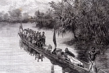 Savorgnan de Brazza en canoë dans les pandanus d