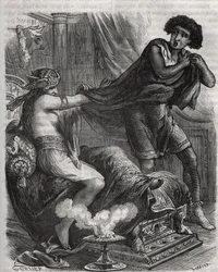 Scène de la Bible : « Elle saisit le jeune homme trop vertueux par sa tunique ». La femme de Putiphar tente de séduire Joseph, esclave du pharaon. Gravure de 1871 dans « Histoire Des Cocus Célèbres » par Henry de Kock (1819-1892).