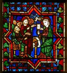 Scène dans la fenêtre E représentant une scène de la vie de Sainte Catherine : avec les philosophes