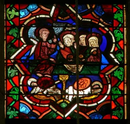 Scène dans la fenêtre E représentant les trois Marie au tombeau de la Résurrection
