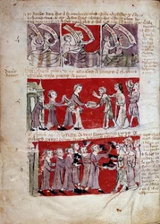 Scène de la vie étudiante au Collège Hubant ou Ave Maria à Paris. Scènes de la vie étudiante et règlements du collège. Bandes 4 à 6. Page manuscrite « Livre des statuts du Collège de Hubant ou de l