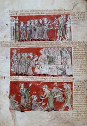 Scène de la vie étudiante au Collège Hubant ou Ave Maria à Paris. Scènes de la vie étudiante (repas, charité) et règlements du collège. Bandes 7 à 9. Page manuscrite « Livre des statuts du Collège de Hubant ou de l